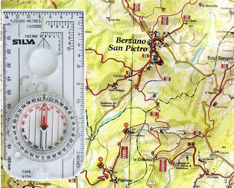 Orientare la carta e calcolo della declinazione magnetica Per convenzione il nord delle carte topografiche è indicato dal margine superiore, pertanto è sufficiente piazzare un lato della bussola a