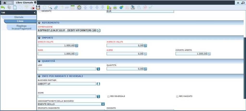 Combinazione, con il conto impostato nell anagrafica del Business Partner.