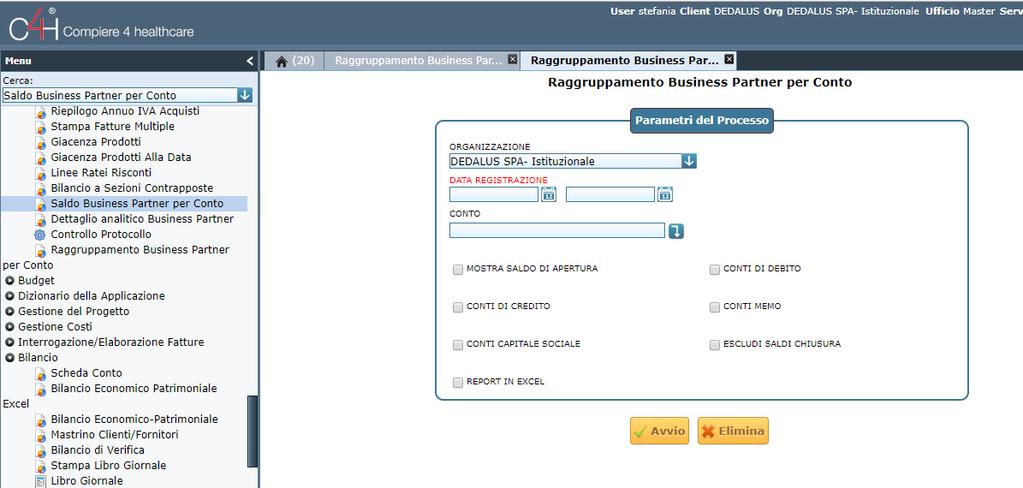 1.1 Saldo Business Partner per conto NAV: Report C4H > Saldo Business Partner per conto Inserire il parametro obbligatorio Data Registrazione DA - A.