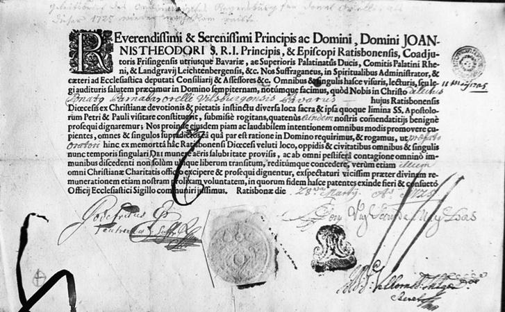 Flavio Sötteler confessore della Compagnia di Gesù il quale ha rilasciato un certificato il 10 giugno 1725.
