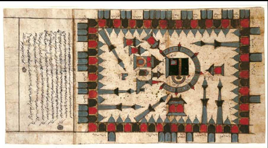 Questo esempio illustra una vista schematica della Moschea al-haram a La Mecca, con la Ka'ba al centro, drappeggiato con la tenda nera (kiswa).