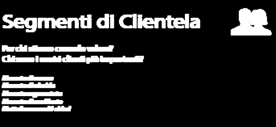 CUSTOMER SEGMENTS, LA PROFILAZIONE DEI CLIENTI Il blocco dei segmenti di clientela descrive le classi di persone e le organizzazioni a cui l azienda si rivolge.