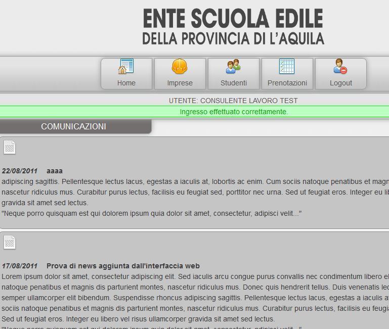 Pag. 4 di 6 Ad accesso effettuato, l applicazione mostra la home page contenente le eventuali comunicazioni dell ente scuola.