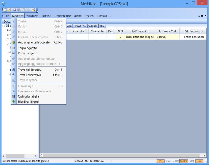 Capitolo 6 Modificare un Libretto GPS I dati del Libretto GPS sono modificabili utilizzando i comandi presenti nel menu Modifica o nel menu contestuale attivabile cliccando il tasto destro del mouse