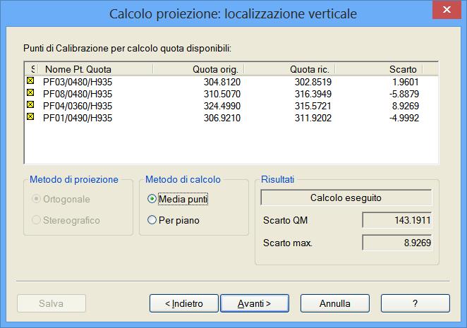 Segue la localizzazione verticale cui calcolo verrà eseguito tramite la finestra riportata a fianco dove saranno elencati tutti i punti