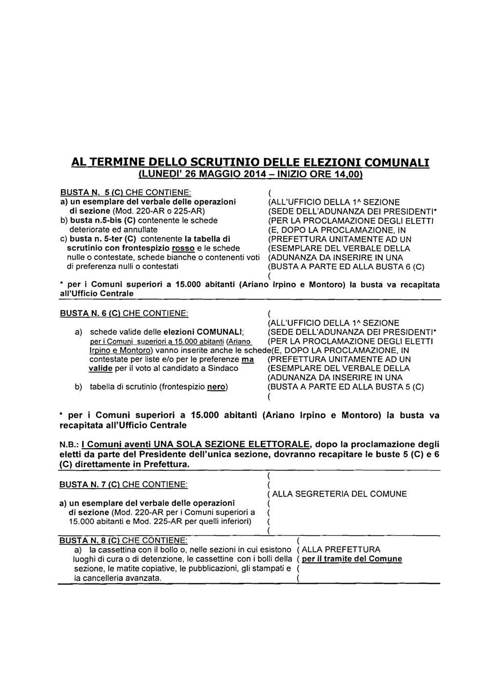 AL TERMINE DELLO SCRUTINIO DELLE ELEZIONI COMUNALI LUNEDI' 26 MAGGIO 2014 - INIZIO ORE 14,00) BUSTA N. 5 C) CHE CONTIENE: a) un esemplare del verbale delle operazioni di sezione Mod.