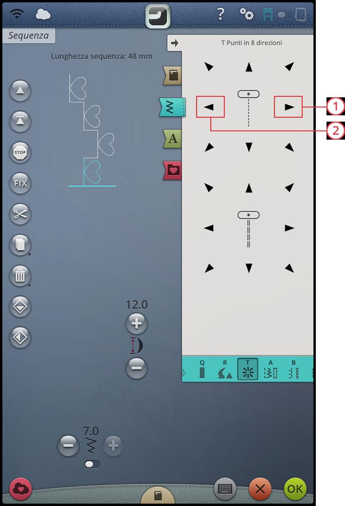 Punti in 8 direzioni Menu T Nel menu T sono disponibili due punti diversi, il punto dritto e uno dritto rinforzato. Sfiorare le frecce per selezionare una delle direzioni di cucito preimpostate.