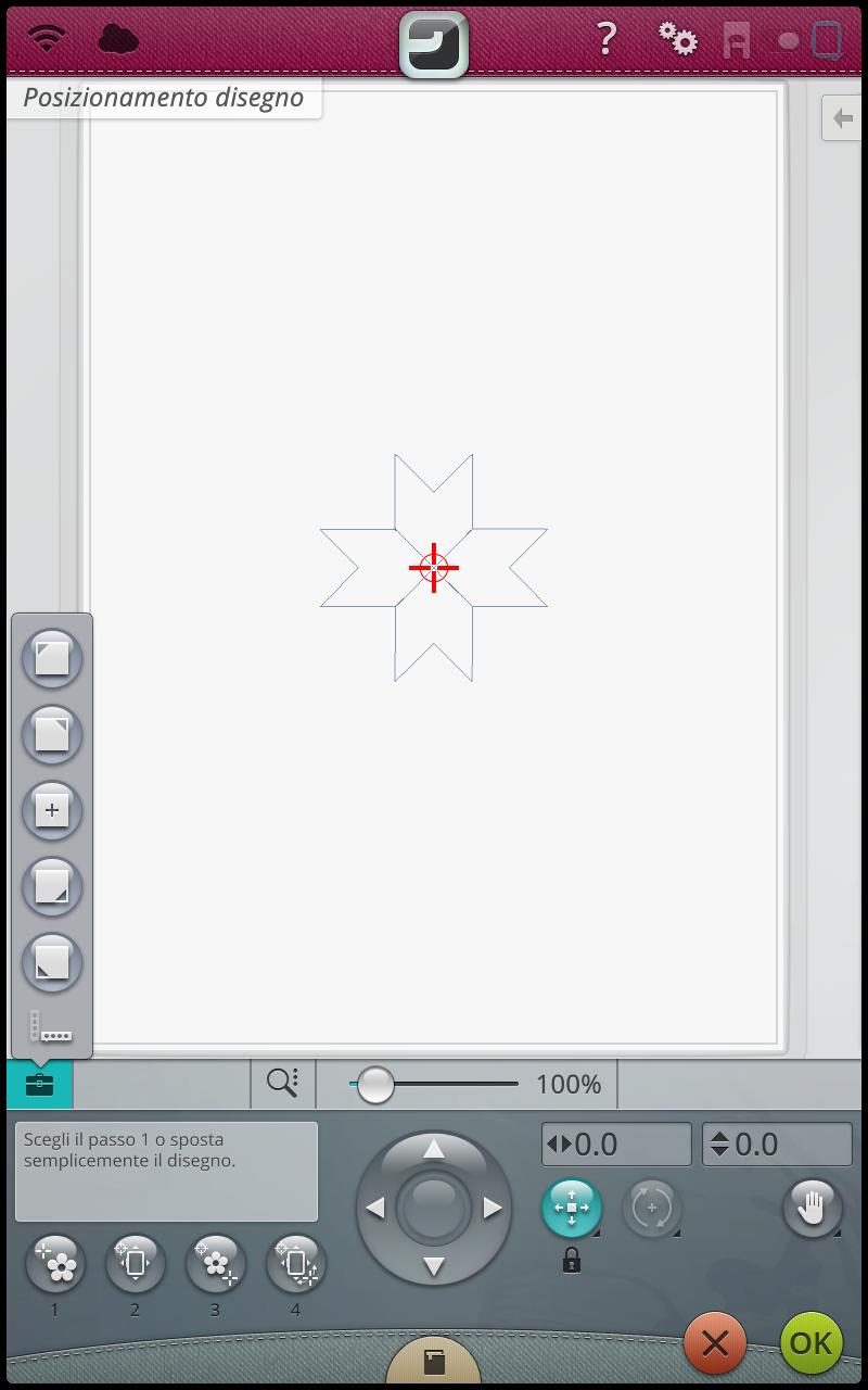 Posizionamento disegno Utilizzare la funzione di Posizionamento disegno per collocare un disegno su un punto preciso del tessuto senza reintelaiare.