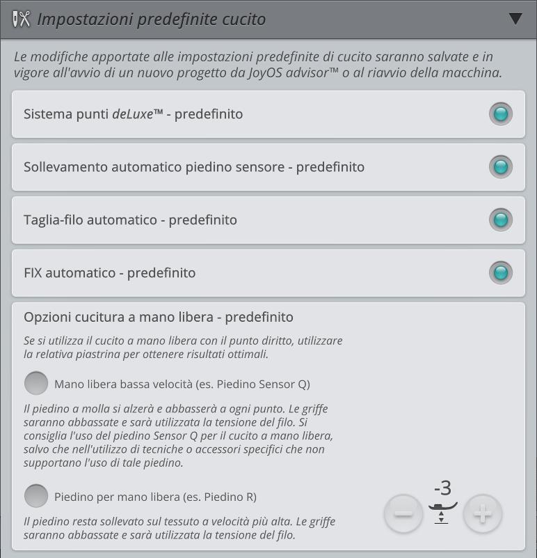 Impostazioni predefinite di cucito Le impostazioni predefinite di cucito saranno salvate, anche allo spegnimento della macchina.