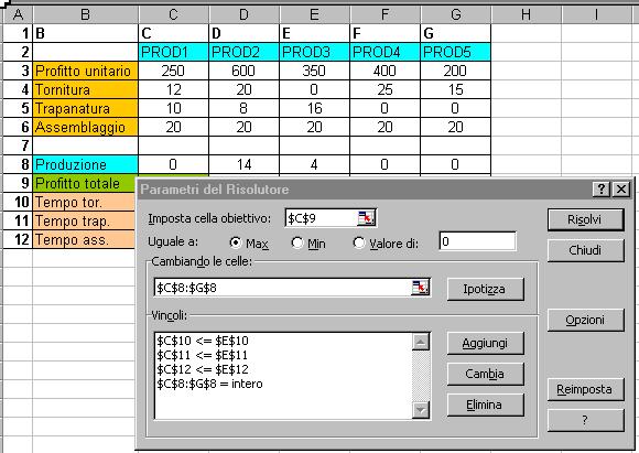 Modello ILP con Excel Vincoli
