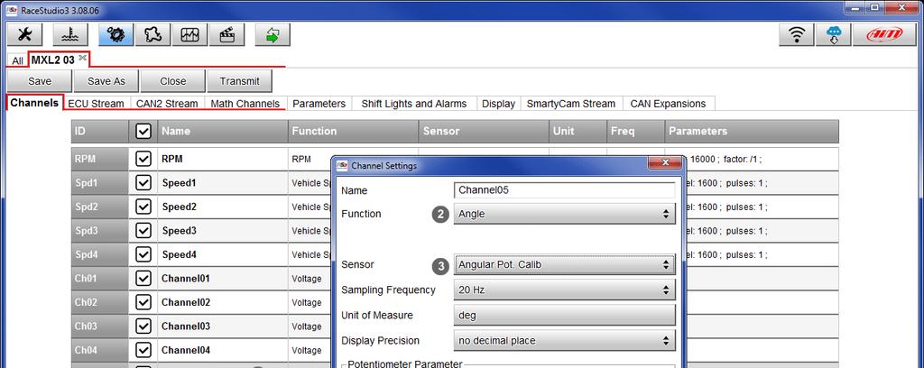 Entrare nella configurazione (nell'esempio MXL2 03) e nel relativo layer "Canali" (Channels).