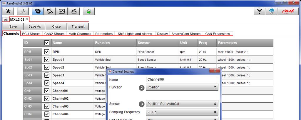 Entrare nella configurazione (nell'esempio MXL2 03) e nel relativo layer "Canali" (Channels).