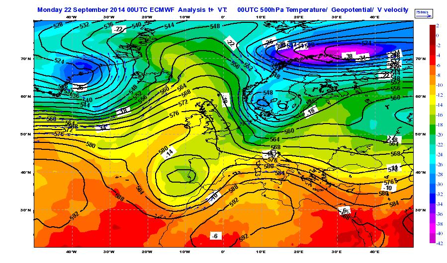 ( vedi Figura 1). Figura 1: Mappa di analisi (da modello IFS-ECMWF) del campo di geopotenziale, temperatura e vento a 500 hpa del 22/09/2014 alle 00 UTC.