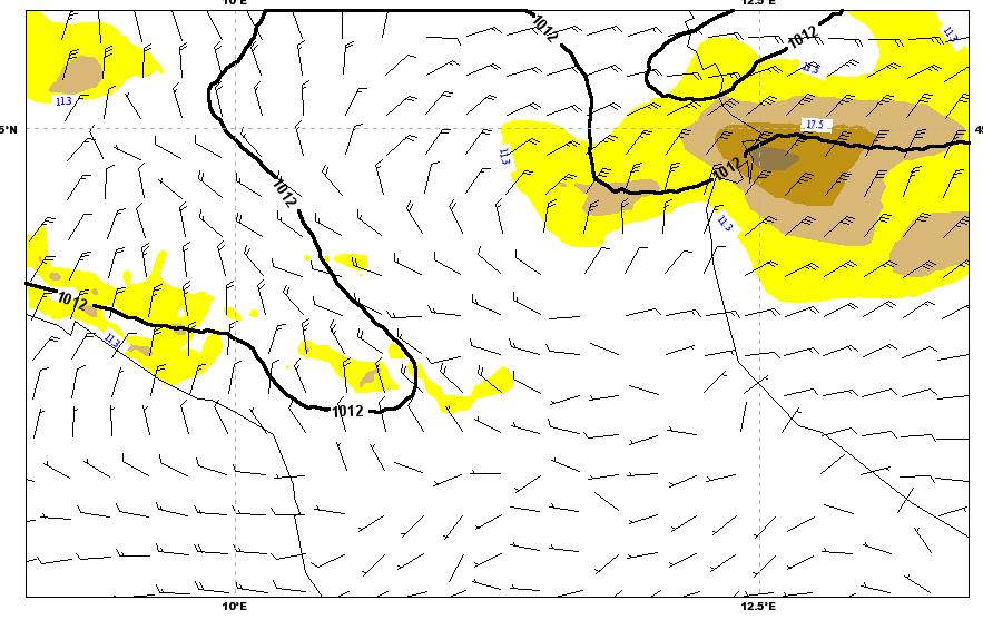 Figura 6: Mappe di analisi al suolo della pressione e vento a 10 m del 22/09/2014 ore 20:00 (in alto a sinistra) e 21:00 (in alto a destra) e 22:00 UTC (in basso).