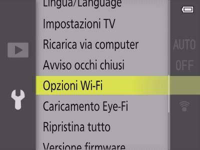 D 83 Fotocamere con Wi-Fi incorporato La sicurezza wireless può essere attivata dal menu opzioni Wi-Fi della fotocamera o utilizzando la voce opzioni Wi-Fi nel menu impostazioni.