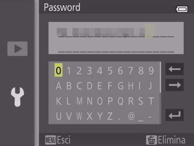 D 84 3 Selezionare Password. Selezionare Password e premere h. 4 Immettere una password. Immettere una password e premere. La password può essere lunga da 8 a 16 caratteri.