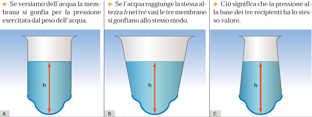 La pressione sul fondo di un recipiente Prendiamo tre recipienti di forma diversa, chiusi alla base da una