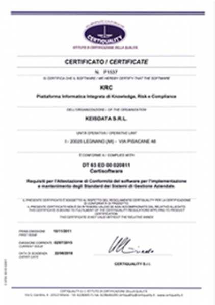 Certificazioni di KRC DT 63 Certisoftware Certiquality ha certificato la conformità del software KRC per l implementazione e il mantenimento degli Standard dei Sistemi di Gestione Aziendale.