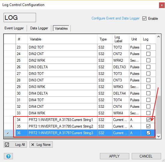 Ora possiamo definire quali variabili debbano finire nel datalogger con la sezione Variables : Inizialmente nessuna