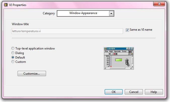 tendina vediamo che possiamo avere delle informazioni del VI, possiamo configurare il VI, per esempio la posizione del pannello sul monitor, possiamo fare aprire un pannello di un subvi