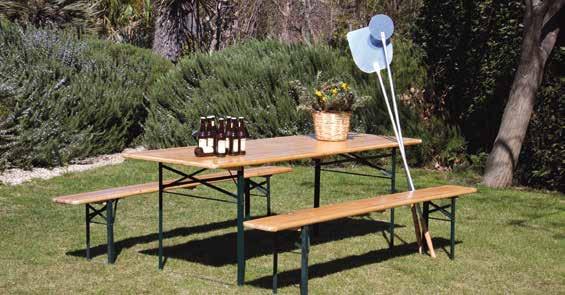 set giardino legno SET BIRRERIA Tavolo rettangolare e 2 panche in acciaio verniciato verde scuro. Piani in legno naturale verniciato spessore 28 mm.