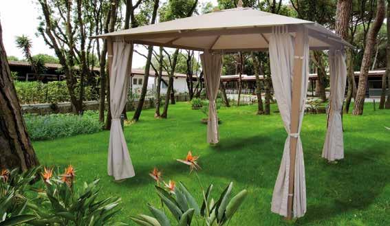 gazebo TAVIRA Struttura in alluminio finitura colore legno con copertura in poliestere 310 gr/m 2, tende parasole poliestere 235 gr/m 2 colore beige. Cuspide antivento. Pali d appoggio 70x70 mm.