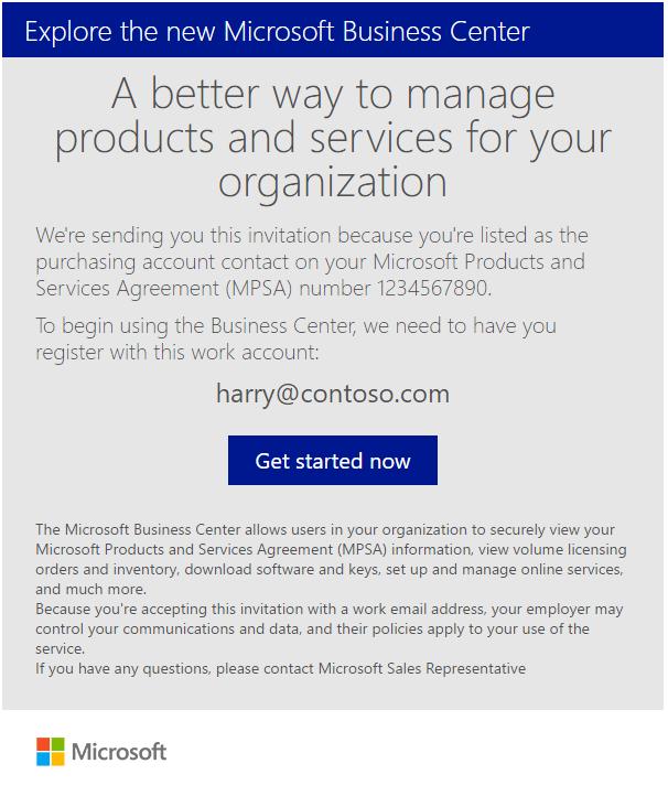 Registrare l'organizzazione per utilizzare il Business Se il dipendente è designato come Amministratore account acquisti nell'mpsa della propria organizzazione, Microsoft invierà un messaggio e-mail