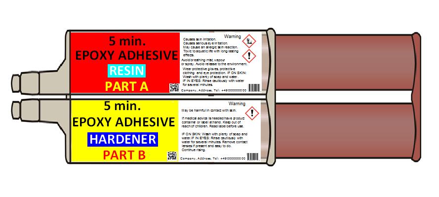 Esempio: confezione di adesivo a due componenti Esempio di kit di adesivo a due componenti (A-resina epossidica e B- indurente ) in commercio con imballaggio esterno trasparente.