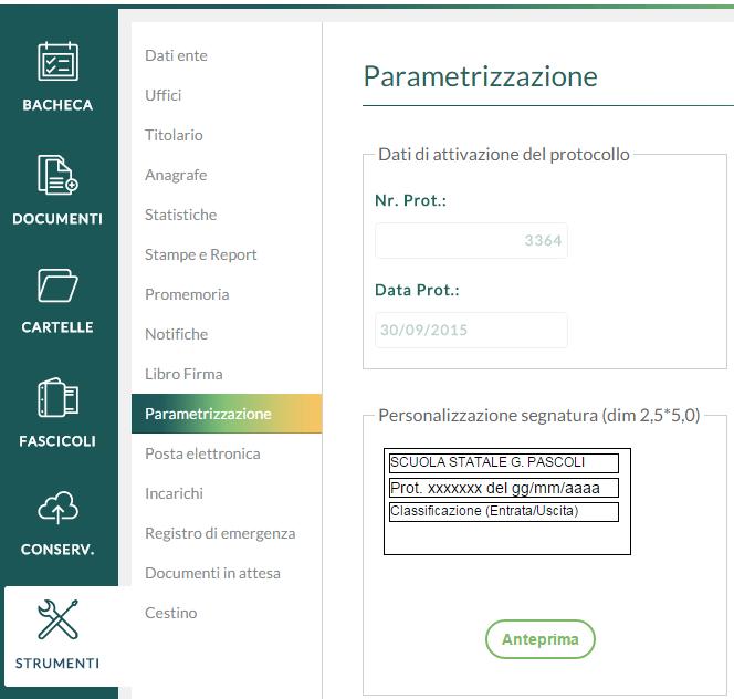 Personalizzazione della segnatura Sempre dal menù Strumenti Parametrizzazione l'utente può indicare i dati da riportare all'interno della stampa della segnatura e del timbro da apporre sui file pdf