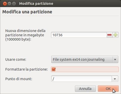 .. Scegliamo il tipo di filesystem, se volgiamo formattare la partizione (non fatelo su quella contenente i dati) e il punto di mount (ovvero come verrà usata dal