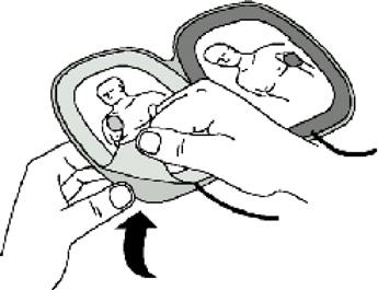 Utilizzo del defibrillatore Separare gli elettrodi adesivi, uno alla volta, dalla plastica blu.