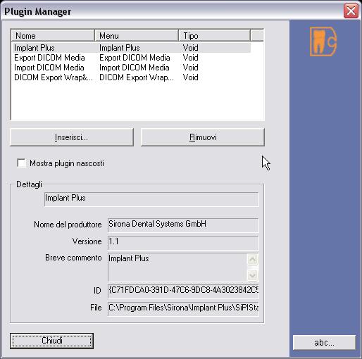 Se nella barra dei menu di SIDEXIS XG dovessero mancare le relative voci del DICOM Removable Media Plug-in, è possibile aggiungere il plug-in in "Plugin Manager" manualmente.