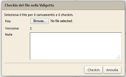 In fase di Checkin, si dovrà selezionare il file da caricare e avverrà lo scatto della versione.