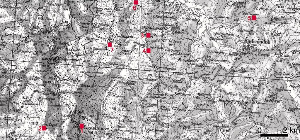 Fig. 5: Mappa con siti di interesse archeologico: 1. Castelnuovo di Val di Cecina; 2. Monte Vado al Lepre; 3. Montecastelli; 4. Via Piana (Buca delle Fate); 5.