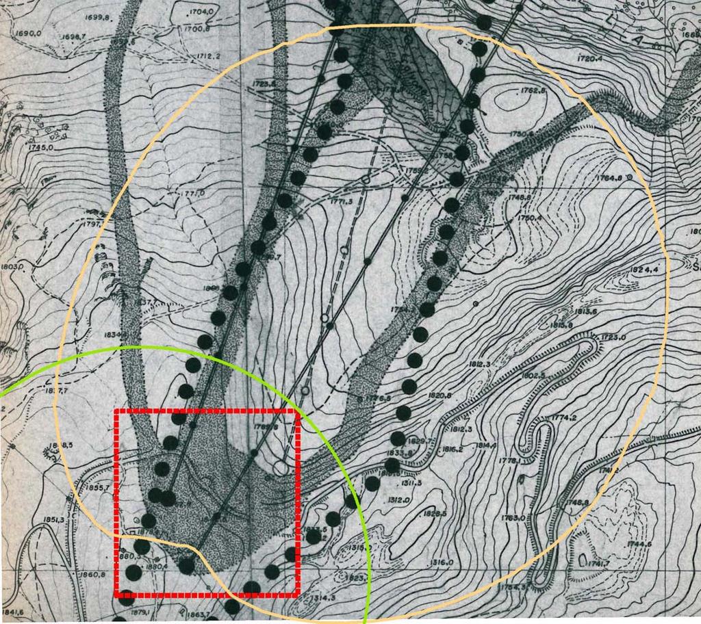 Comune di Montecreto, PRG, proposta di variante Tavola 12 Zonizzazione Il PLERT aveva previsto il nuovo sito in un area collocata ad est della stazione della funivia.