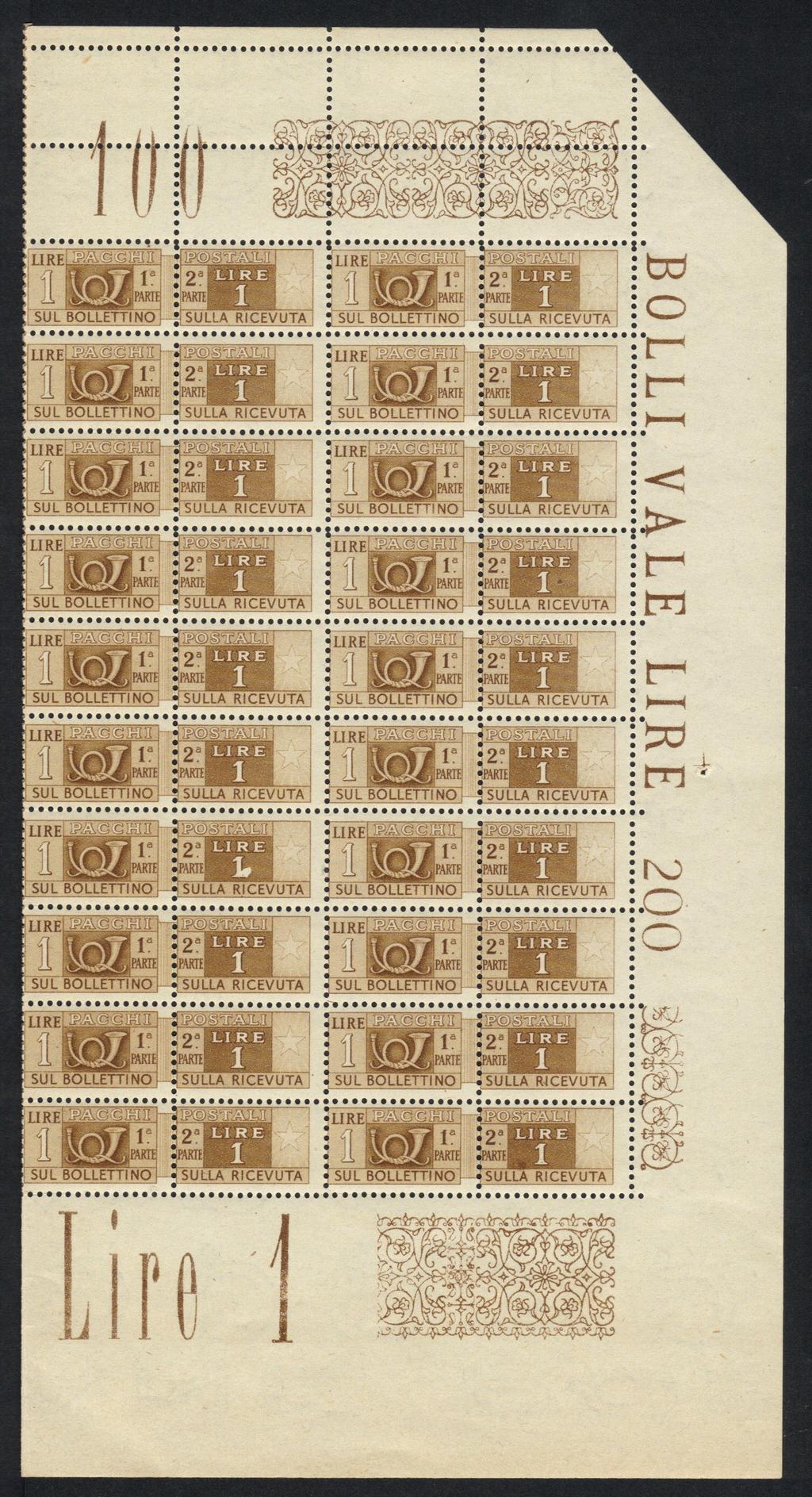 2 PERIODO (1946-1947) dentellatura a pettine verticale Blocco di venti del valore da 1 Lire.