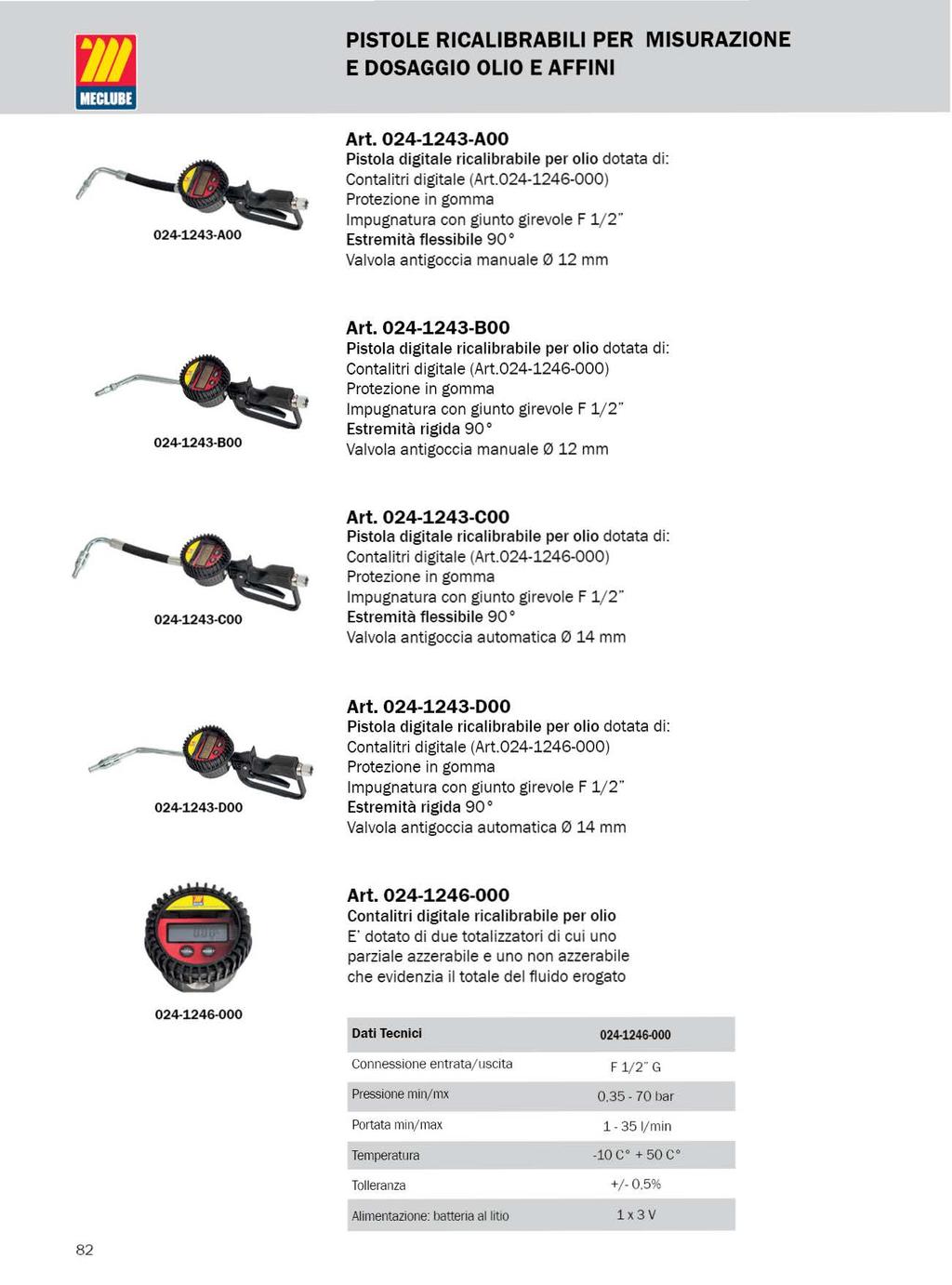 PISTOLE RICALIBRABILI PER MISURAZIONE E DOSAGGIO OLIO E AFFINI 024-1243-AOO Art. 024-1243-AOO Pistla digitale ricalibrabile per li dtata di: Cntalitri digitale (Art.