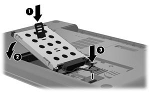 9. Tirare in alto la linguetta dell'unità disco rigido (3), scollegare il cavo dell'unità dalla scheda madre (1), quindi estrarre l'unità dal computer (2). Per installare un'unità disco rigido: 1.