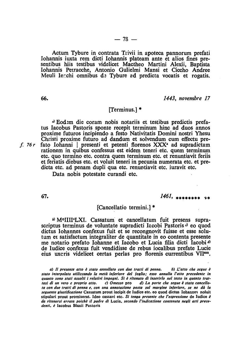 -78 - Actum Tybure in contrata Trivii in apoteca pannorum prefati Iohannis iuxta rem dicti lohannis plateam ante et alios fines presentibus hiis testibus videlicet Mactheo Martini Alexii, Baptista