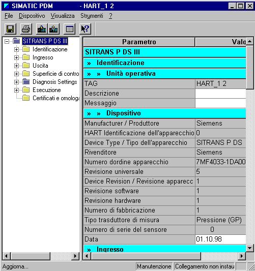 Attenzione: Prima di caricare i dati in un dispositivo, occorre collegare il software al dispositivo HART mediante il modem HART e caricare nel PC i dati attualmente presenti nel dispositivo.