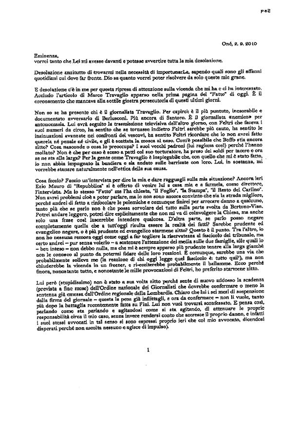 286 Sua Santità Dino Boffo scrive al cardinale Angelo Bagnasco,