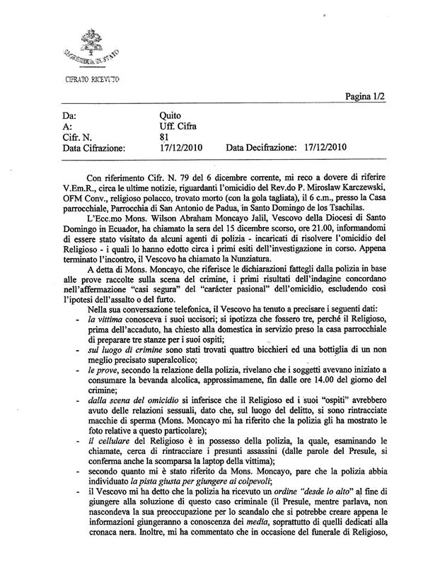 312 Sua Santità Documento riservato dell ufficio cifra del Vaticano