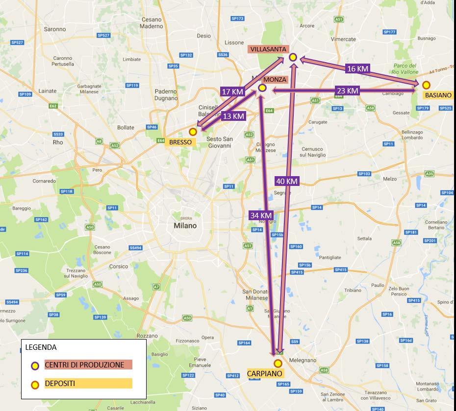 Figura 12 Scenario 1 - Spostamenti di veicoli merci che verrebbero eliminati dalla riorganizzazione della catena logistica L accentramento delle produzioni e dei depositi comporterebbe un importante