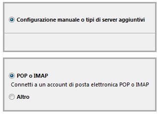 4. Selezionare la modalità di configurazione manuale e click su Avanti. Nel passaggio successivo scegliere POP o IMAP come protocollo da utilizzare: Cliccare sul pulsante Avanti 5.