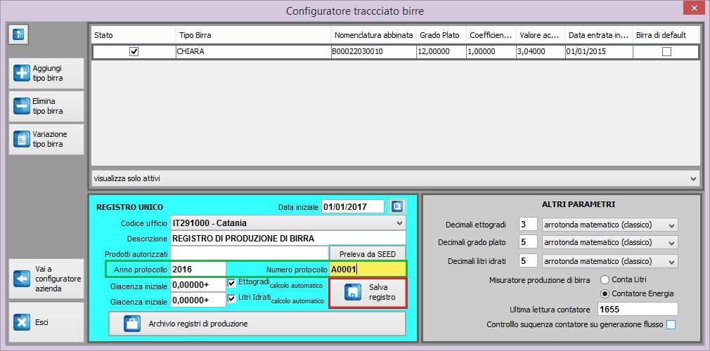 Accedere dal menù Parametri al Configuratore Birrificio - sezione "Registro unico" 1) Inserire nel campo data iniziale la data 01/01/2017 2) Verificare che il codice ufficio selezionato corrisponda a