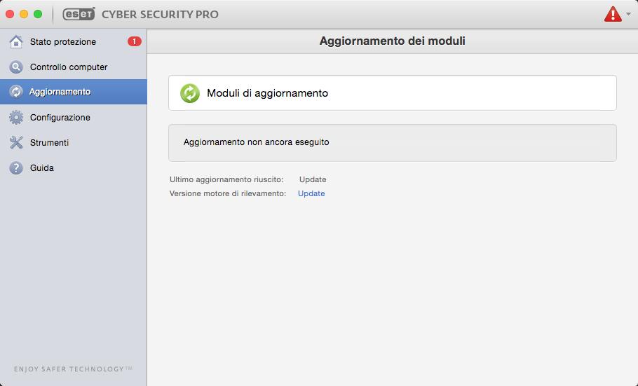 Aggiornamento ESET Cyber Security Pro prevede un'attività predefinita concepita allo scopo di garantire aggiornamenti periodici (vedere la sezione Pianificazione attività nella guida dell'utente).