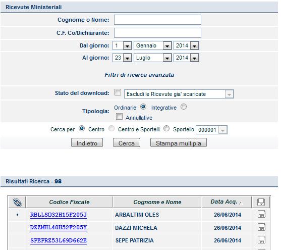 Apparirà la seguente pagina. Per stampare le ricevute SINGOLARMENTE cliccate sul Codice Fiscale. Apparirà la Ricevuta Ministeriale in formato pdf che potrete stampare o salvare.