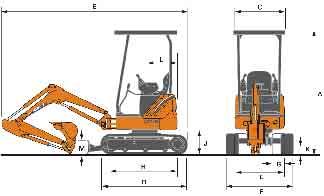 DIMENSIONI GENERALI CX17B ZTS CON BRACCIO MONOBLOCCO STANDARD DA 1,75 A B C D E F G H J K L M Altezza fuori tutto Lunghezza fuori tutto Larghezza torretta Lunghezza fuori tutto cingoli Larghezza