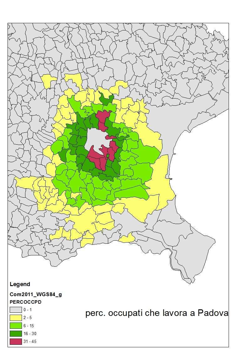 Oltre il 30% degli occupati della prima cintura urbana lavora a Padova Percentuale di occupati che lavorano a Padova per comune di residenza Padova è un polo di attrazione per i lavoratori degli