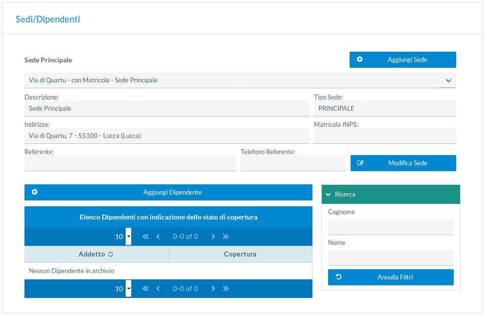 INSERIMENTO SEDI E DIPENDENTI Per accedere alle funzioni disponibili per l Azienda cliccare sulla barra dei menù accanto al logo di mètasalute.